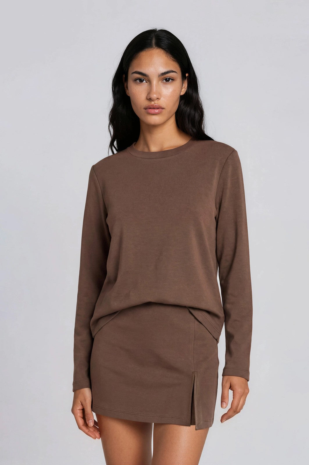 Brown Crew Neck Long Sleeve Top