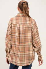 Beige Brushed Plaid Oversized Maternity Shirt Jacket