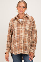 Beige Brushed Plaid Oversized Maternity Shirt Jacket