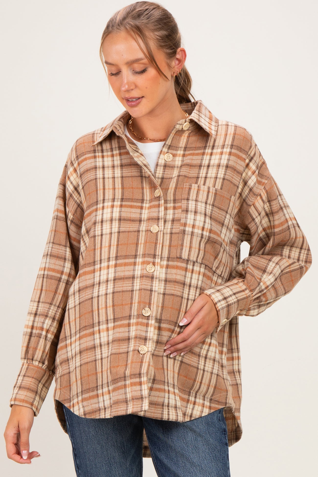 Beige Brushed Plaid Oversized Maternity Shirt Jacket