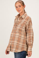 Beige Brushed Plaid Oversized Maternity Shirt Jacket