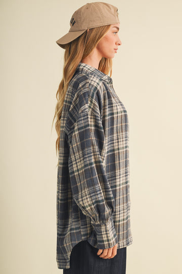 Navy Brushed Plaid Oversized Shirt Jacket