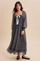 Black Dot Smocked Ribbon Tie Ruffle Maxi Dress