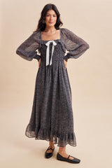 Black Dot Smocked Ribbon Tie Ruffle Maxi Dress