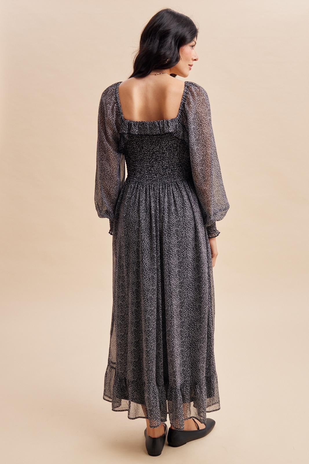 Black Dot Smocked Ribbon Tie Ruffle Maxi Dress