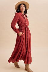 Terracotta Pleated Front Button Down Maxi Dress
