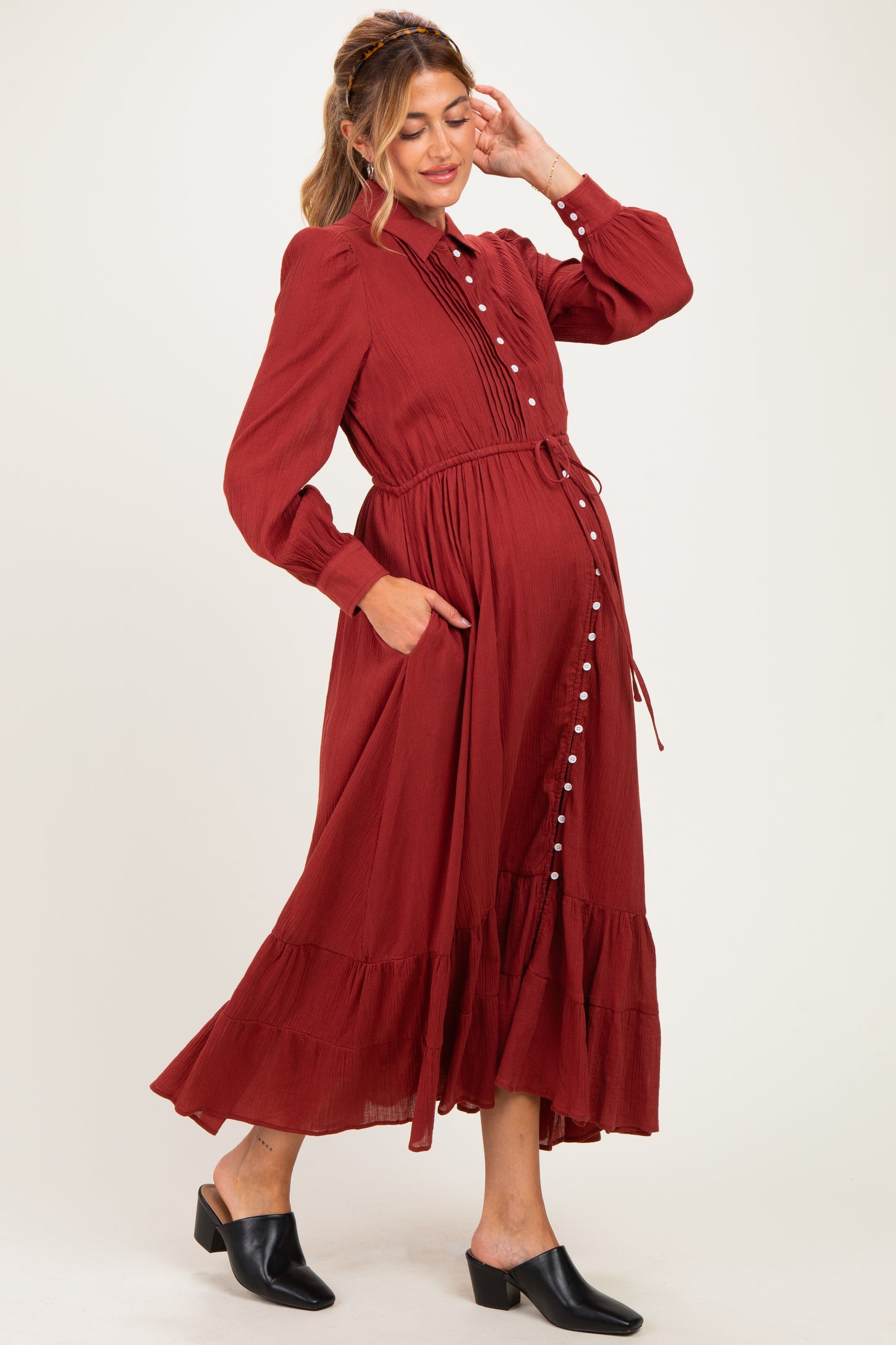 Terracotta Pleated Front Button Down Maternity Maxi Dress