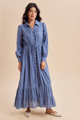 Blue Pleated Front Button Down Maxi Dress