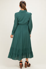 Emerald Teal Pleated Front Button Down Maternity Maxi Dress