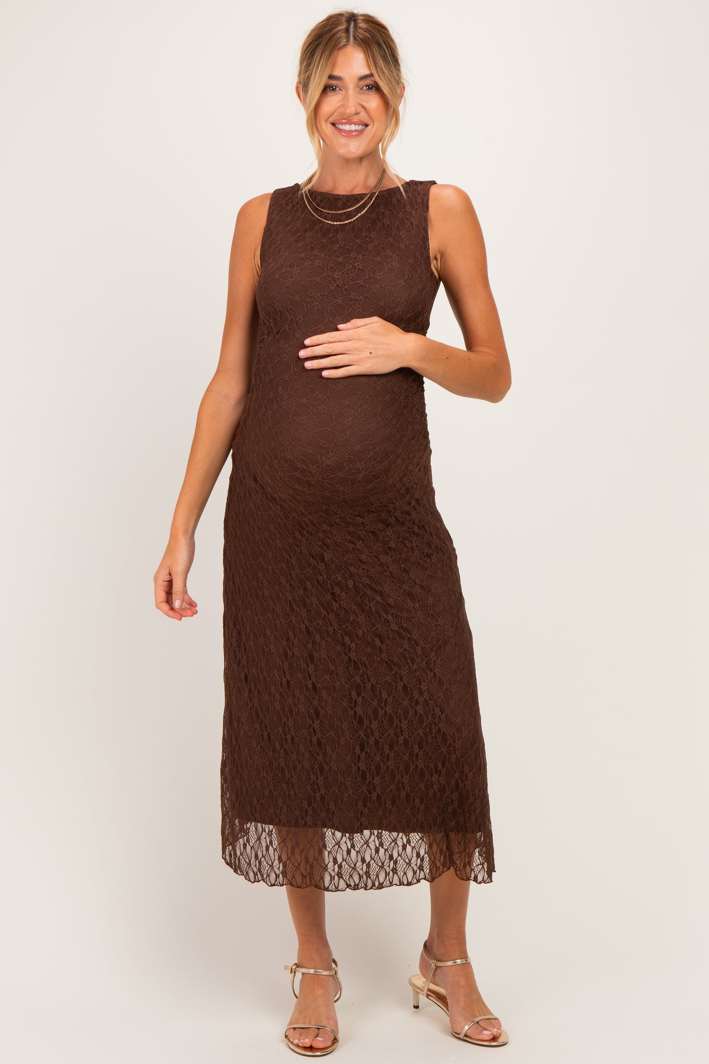 Dark Brown Lace Ruched Maternity Midi Tank Dress