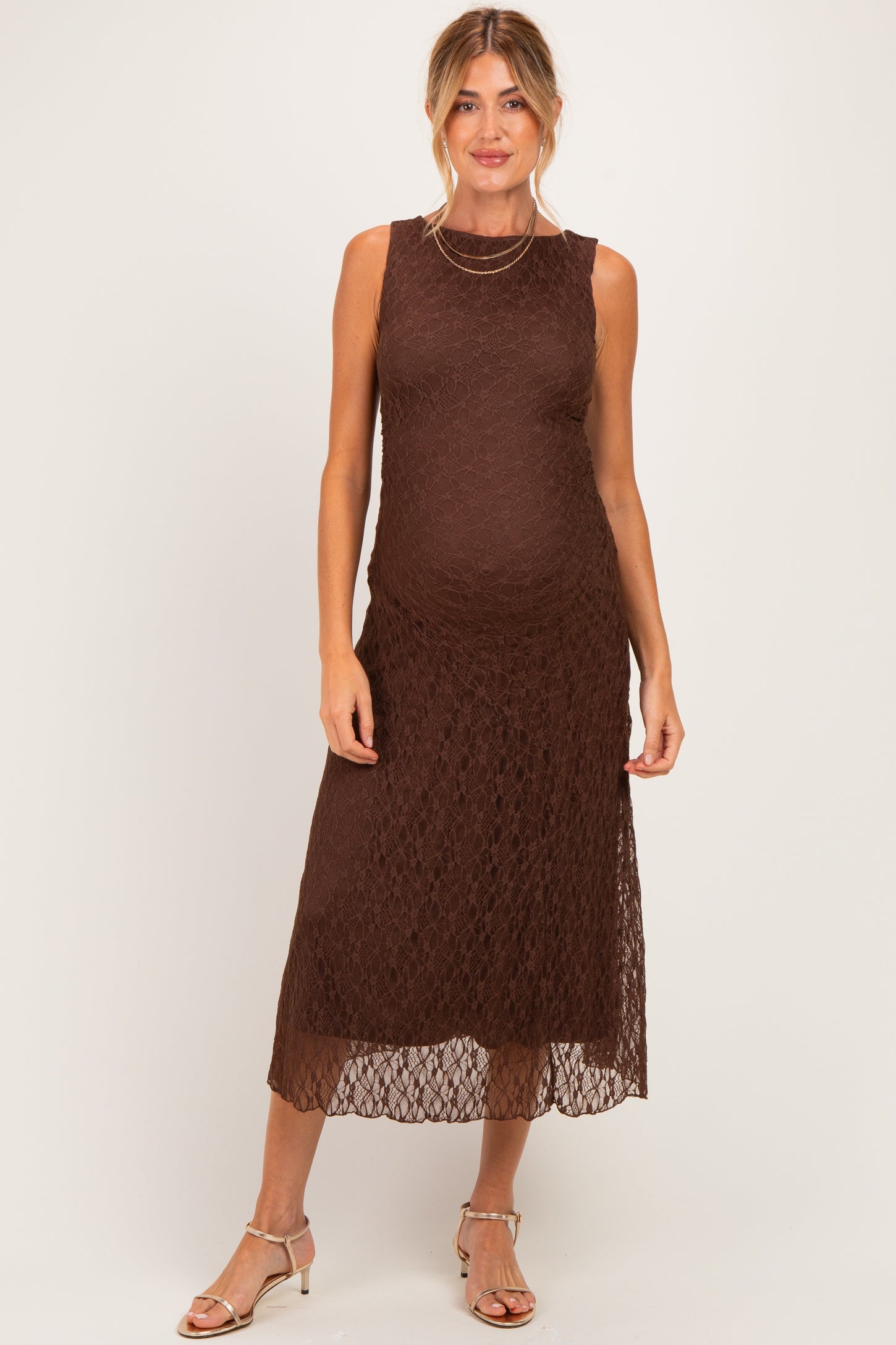 Dark Brown Lace Ruched Maternity Midi Tank Dress