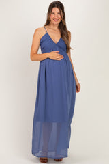 Dusty Blue Crinkle Chiffon V-Neck Maternity Maxi Dress