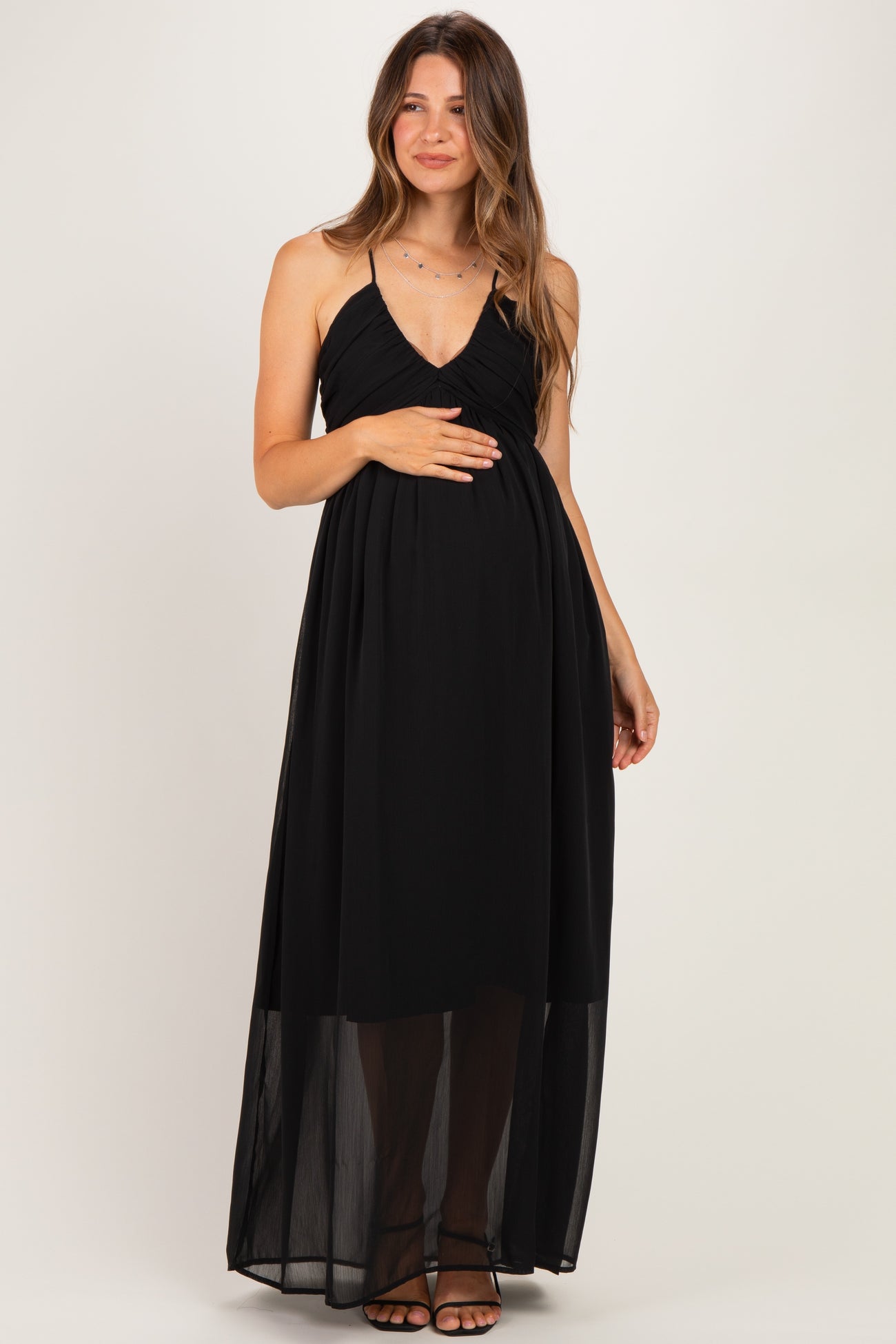 Black Crinkle Chiffon V-Neck Maternity Maxi Dress