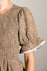 Taupe Floral Smocked Lace Trim Midi Dress