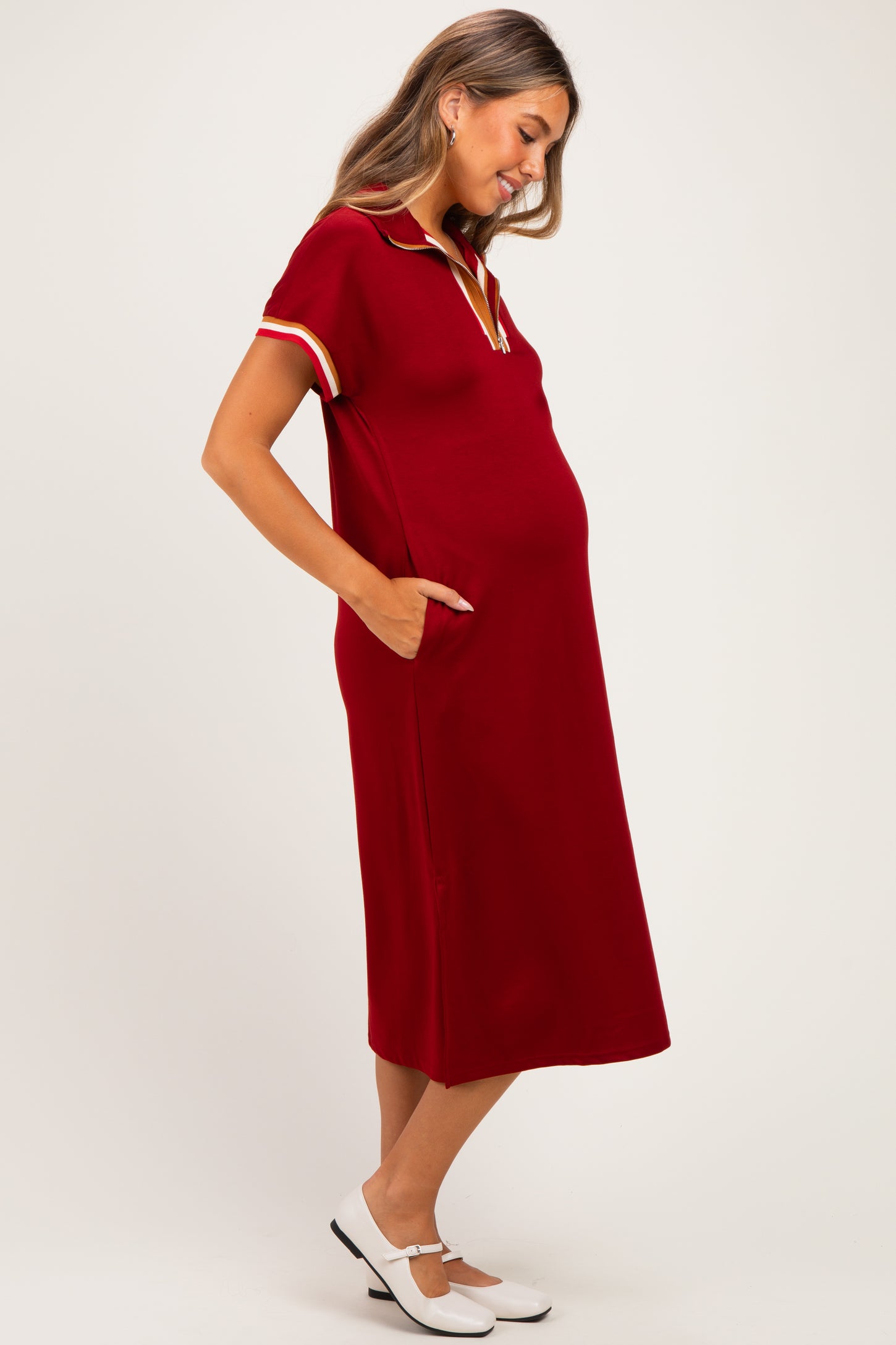 Burgundy Color Rib Band Trim Side Slit Maternity Midi Dress