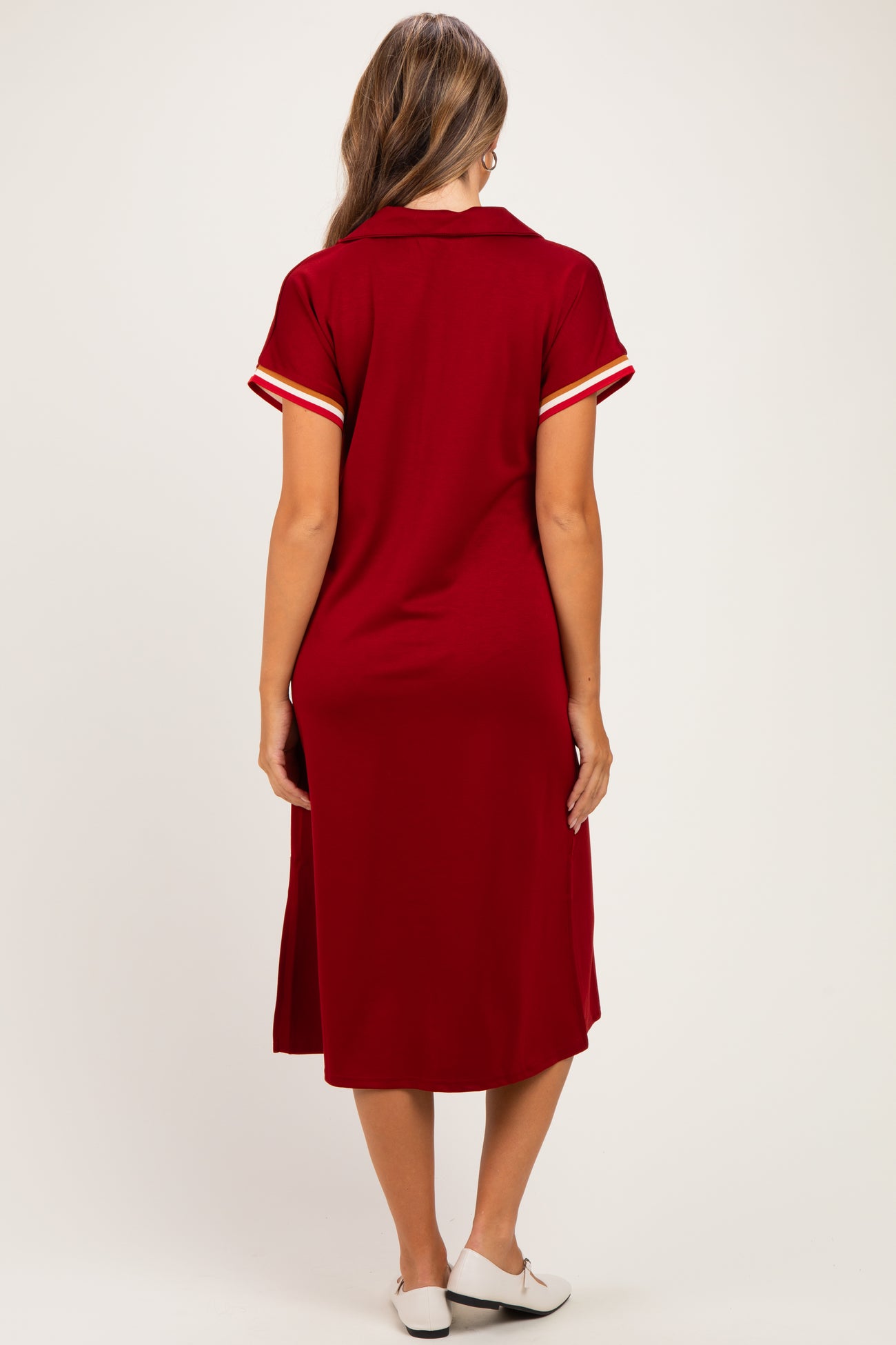 Burgundy Color Rib Band Trim Side Slit Maternity Midi Dress