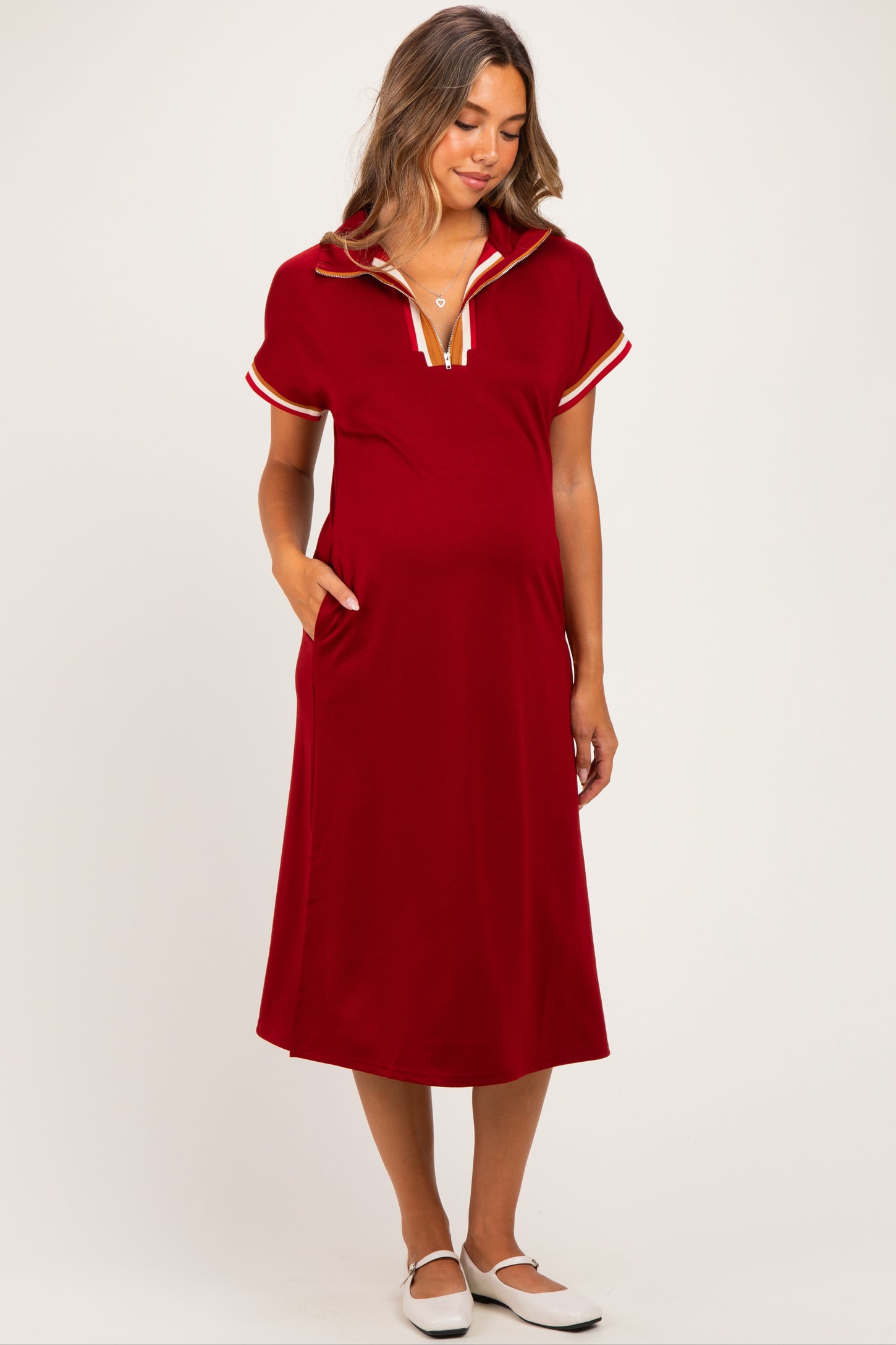Burgundy Color Rib Band Trim Side Slit Maternity Midi Dress
