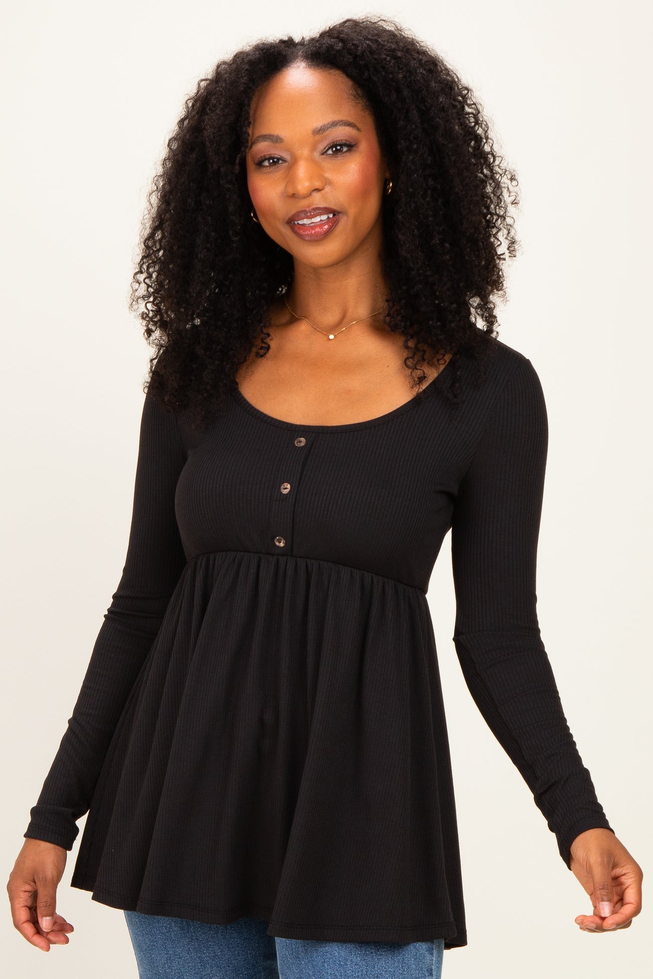 Black Scoop Neck Button Front Long Sleeve Babydoll Maternity Top
