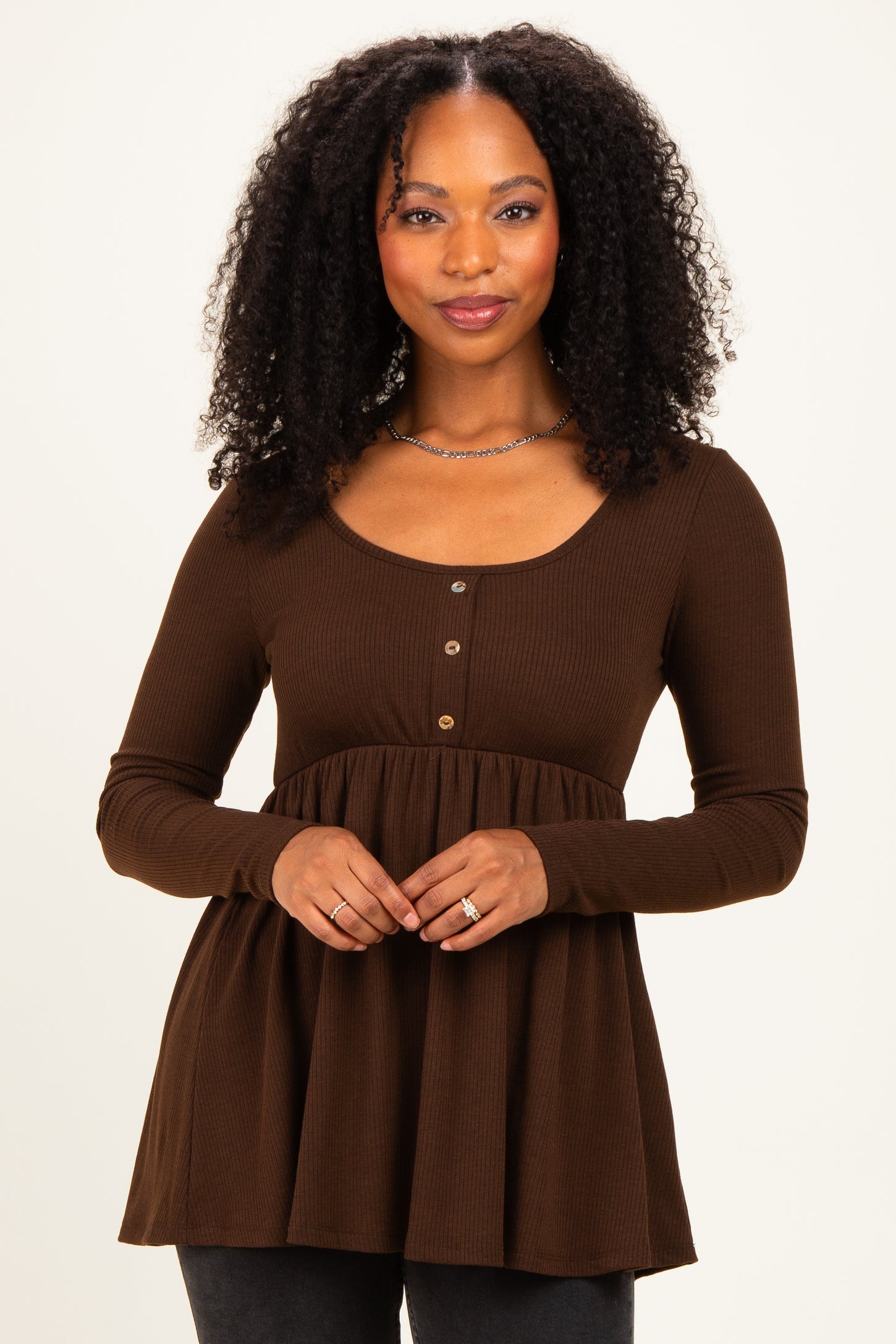 Brown Scoop Neck Button Front Long Sleeve Babydoll Maternity Top