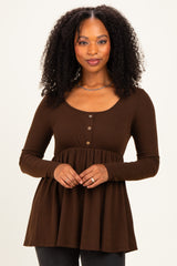 Brown Scoop Neck Button Front Long Sleeve Babydoll Maternity Top