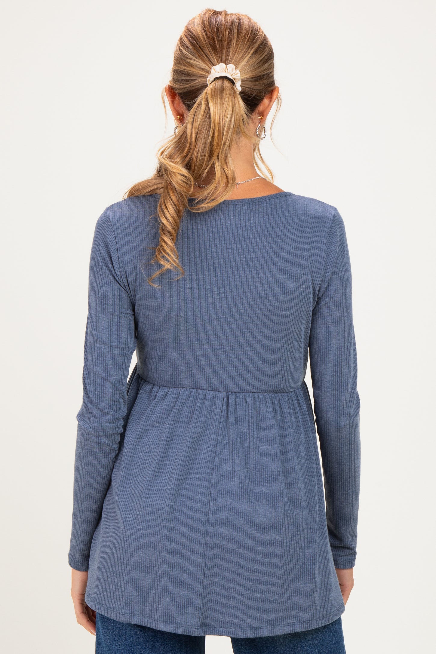 Blue Scoop Neck Button Front Long Sleeve Babydoll Maternity Top