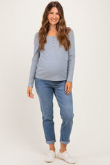 Blue Pinstriped Scoop Neck Maternity Henley Top