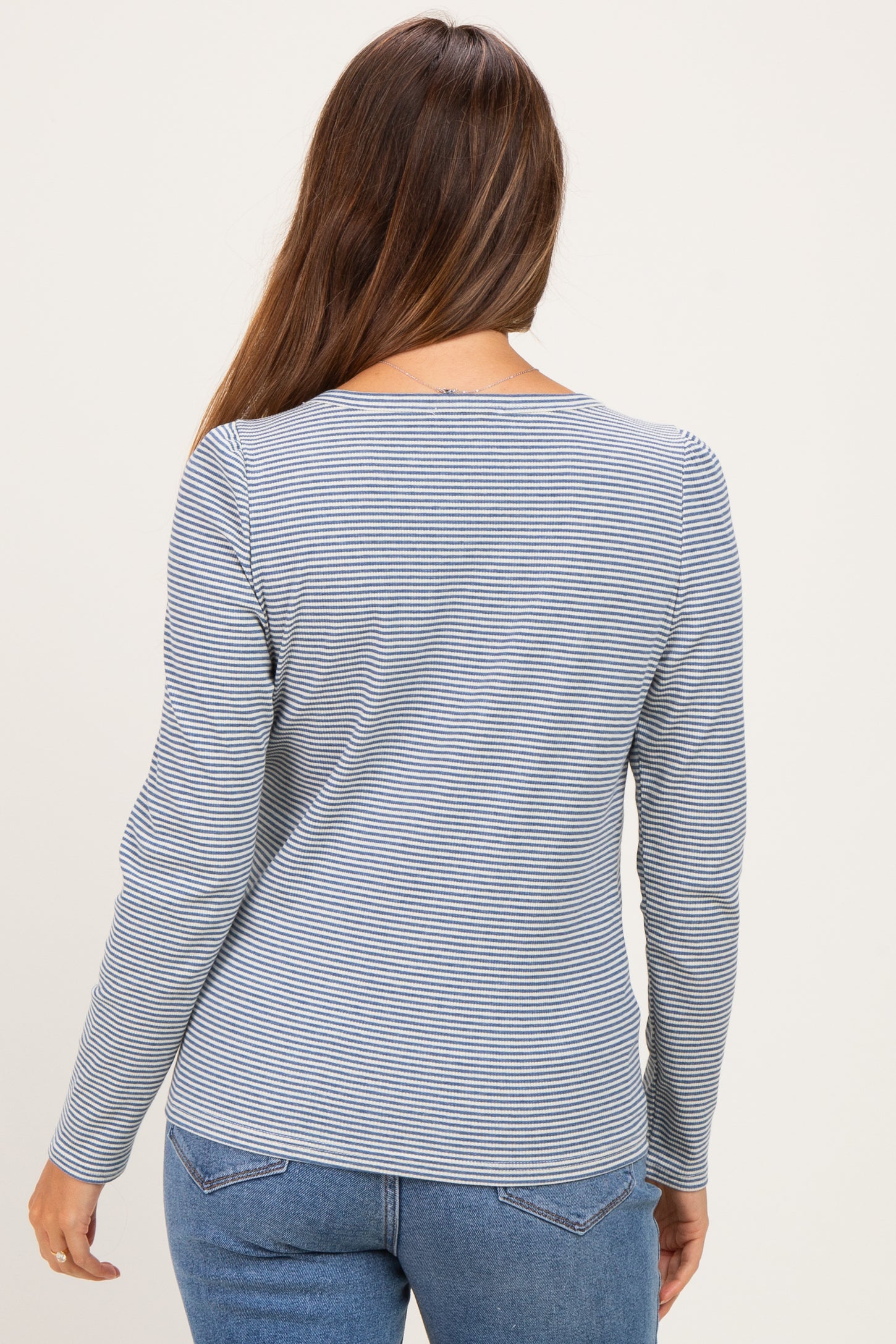 Blue Pinstriped Scoop Neck Maternity Henley Top