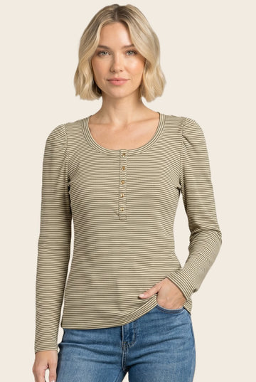 woman wearing a cream and olive striped long sleeve top with button details and puff sleeves