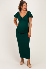 Hunter Green Knit Twisted Bust Short Sleeve Maternity Midi Dress