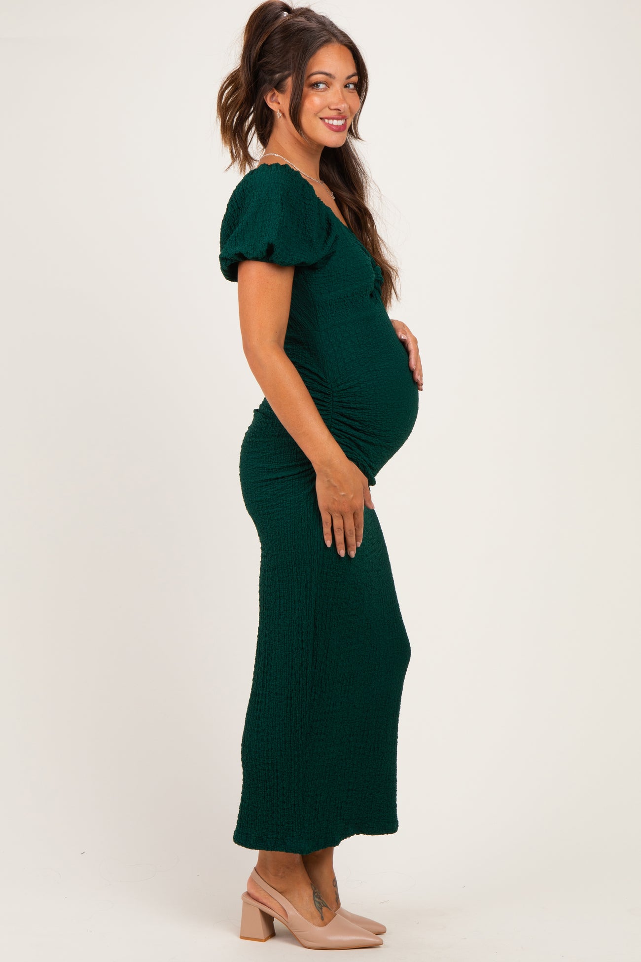 Hunter Green Knit Twisted Bust Short Sleeve Maternity Midi Dress
