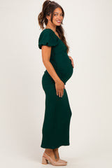 Hunter Green Knit Twisted Bust Short Sleeve Maternity Midi Dress