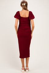 Burgundy Knit Twisted Bust Short Sleeve Maternity Midi Dress