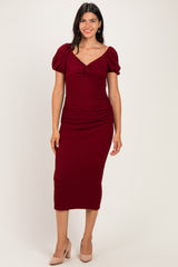 Burgundy Knit Twisted Bust Short Sleeve Maternity Midi Dress