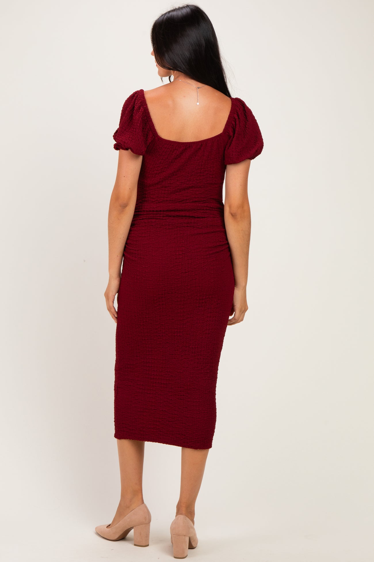 Burgundy Knit Twisted Bust Short Sleeve Midi Dress