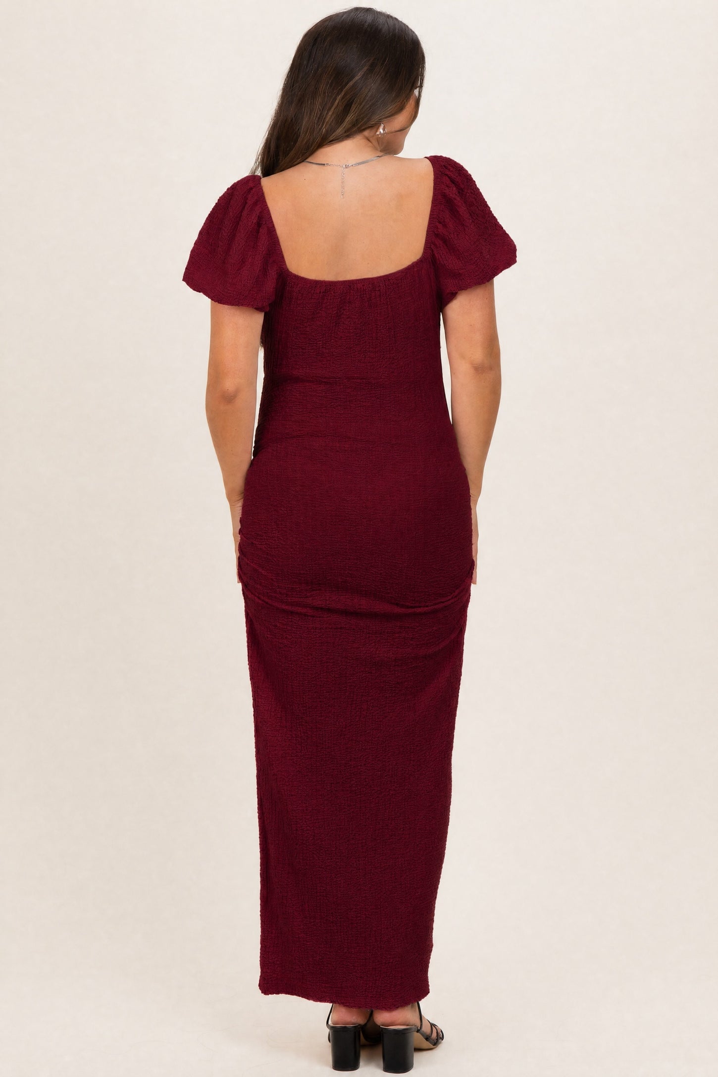 Burgundy Knit Twisted Bust Short Sleeve Maternity Midi Dress