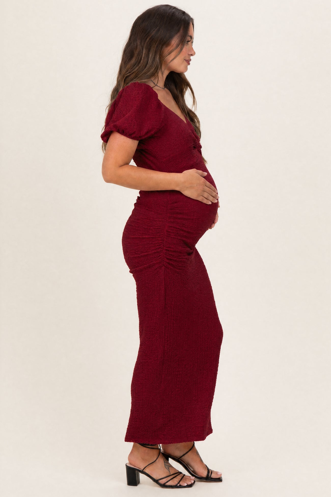 Burgundy Knit Twisted Bust Short Sleeve Maternity Midi Dress