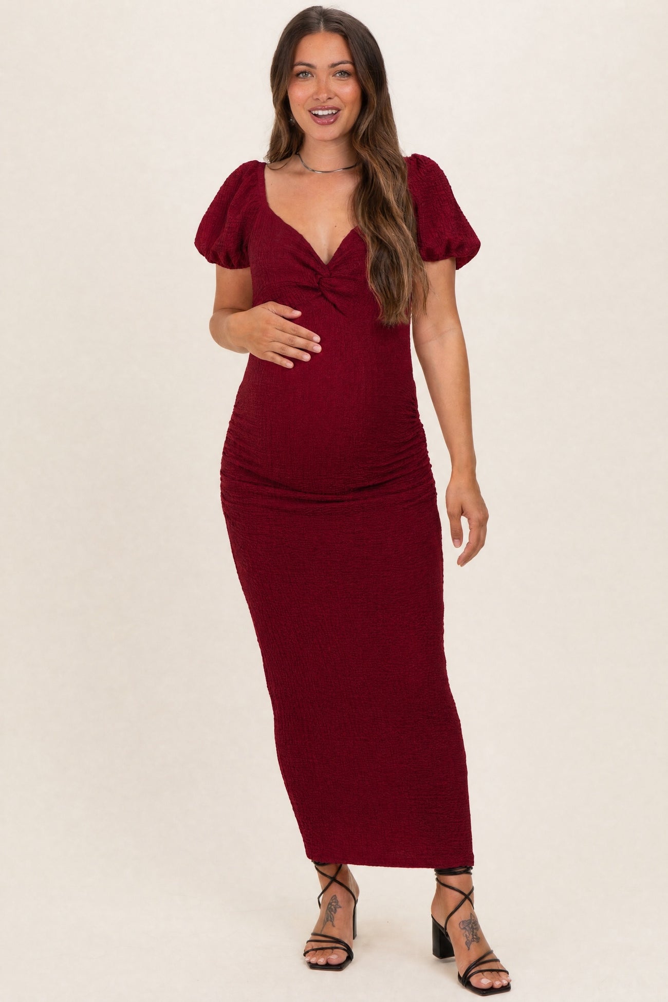 Burgundy Knit Twisted Bust Short Sleeve Maternity Midi Dress