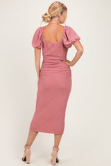 Mauve Knit Twisted Bust Short Sleeve Midi Dress
