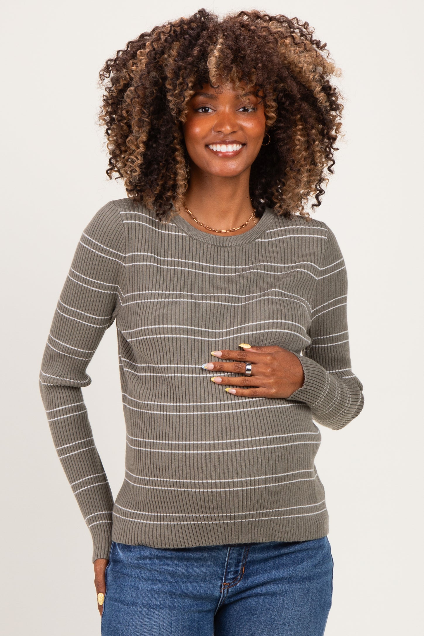Olive Ribbed Basic Striped Fitted Maternity Sweater