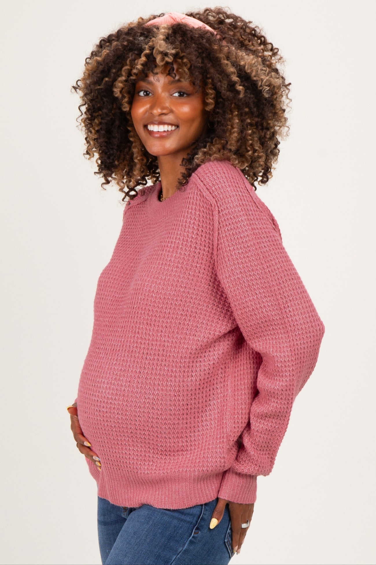 Pink Waffle Textured Maternity Sweater