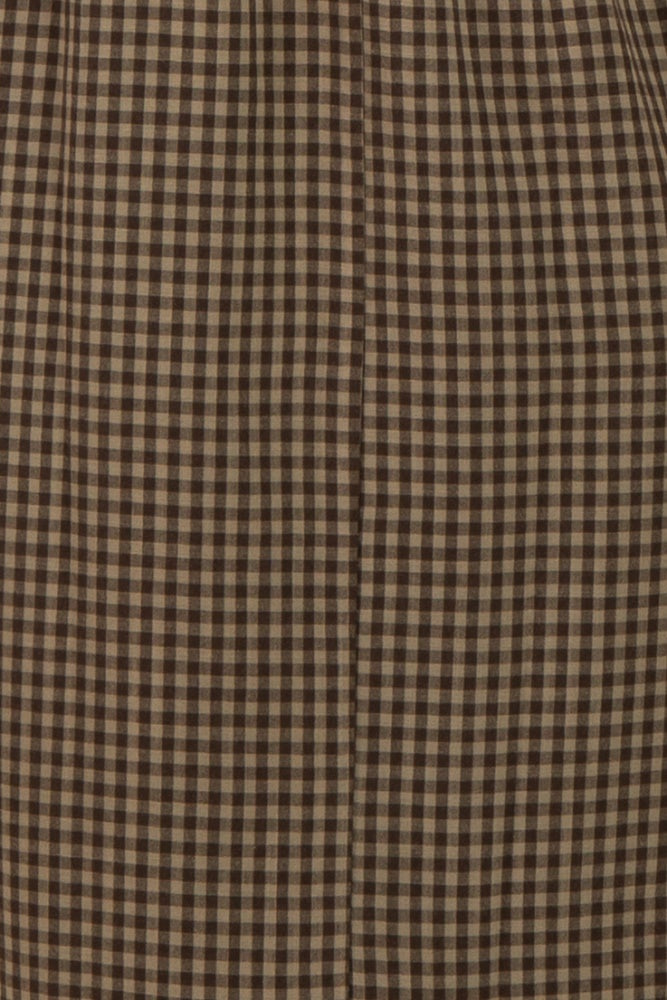maternity wear in a brown and beige gingham pattern with a loose, flowing fit