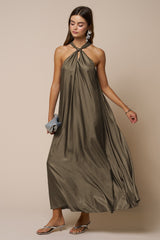 Mushroom Halter Back Bow Tie Maxi Dress