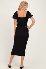 Black Knit Twisted Bust Short Sleeve Midi Dress