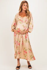 Champagne Floral Button Detail Maternity Midi Dress