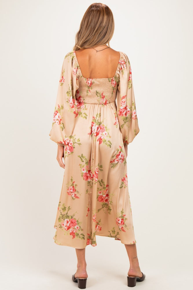 Champagne Floral Button Detail Maternity Midi Dress