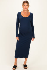Navy Scoop Neck Long Sleeve Maternity Midi Dress