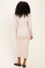 Beige Scoop Neck Long Sleeve Midi Dress