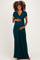 woman wearing a teal maternity maxi dress with a v-neck and short sleeves, holding her baby bump