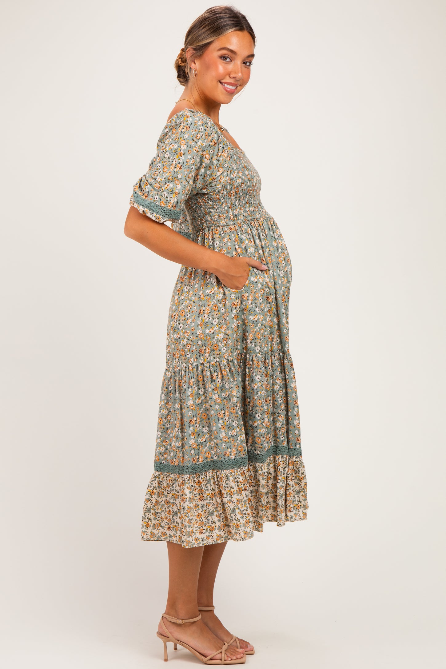 Sage Floral Lace Trim Smocked Maternity Midi Dress