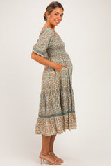 Sage Floral Lace Trim Smocked Maternity Midi Dress